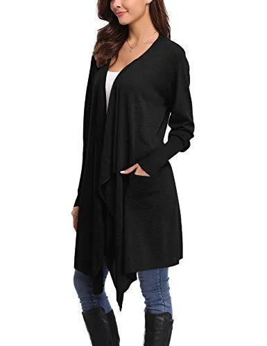 Gilet Long Femme Cardigan Asymetrique Laine Drapé Veste Longue Femme Manches Longues Ouvert avec Poches Tailleur Longue Outwear Gilet Irregulier Femme, Noir, M