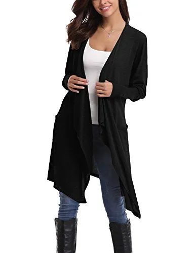 Gilet Long Femme Cardigan Asymetrique Laine Drapé Veste Longue Femme Manches Longues Ouvert avec Poches Tailleur Longue Outwear Gilet Irregulier Femme, Noir, M