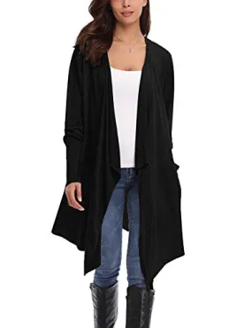 Gilet Long Femme Cardigan Asymetrique Laine Drapé Veste Longue Femme Manches Longues Ouvert avec Poches Tailleur Longue Outwear Gilet Irregulier Femme, Noir, M