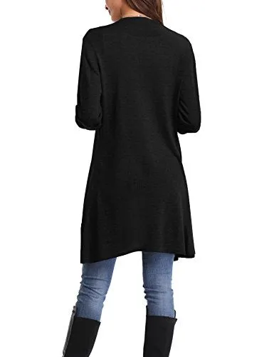 Gilet Long Femme Cardigan Asymetrique Laine Drapé Veste Longue Femme Manches Longues Ouvert avec Poches Tailleur Longue Outwear Gilet Irregulier Femme, Noir, M
