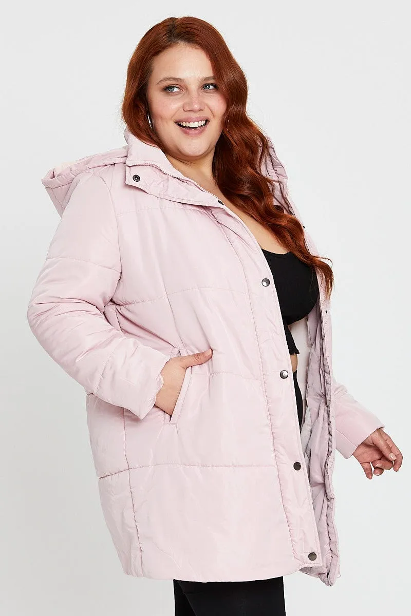 Pink Puffer Jacket Long Sleeve Zip Front Longline