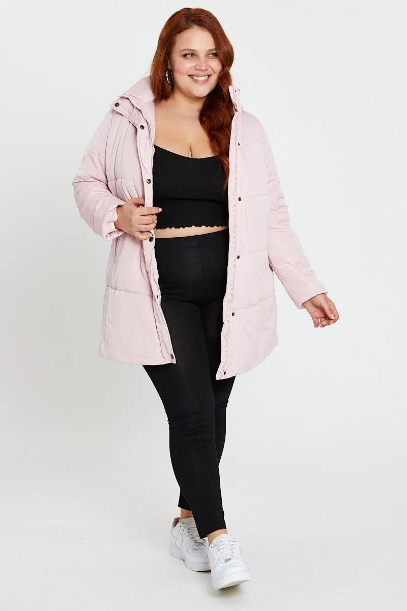 Pink Puffer Jacket Long Sleeve Zip Front Longline