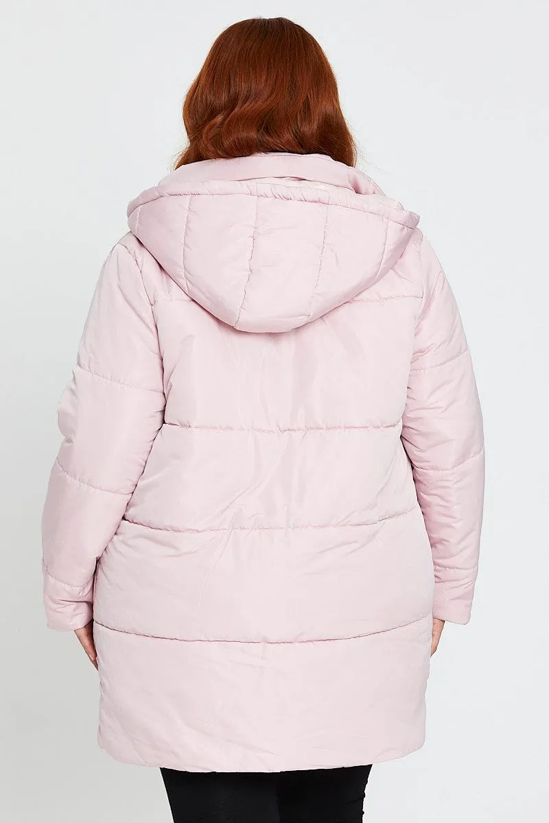 Pink Puffer Jacket Long Sleeve Zip Front Longline