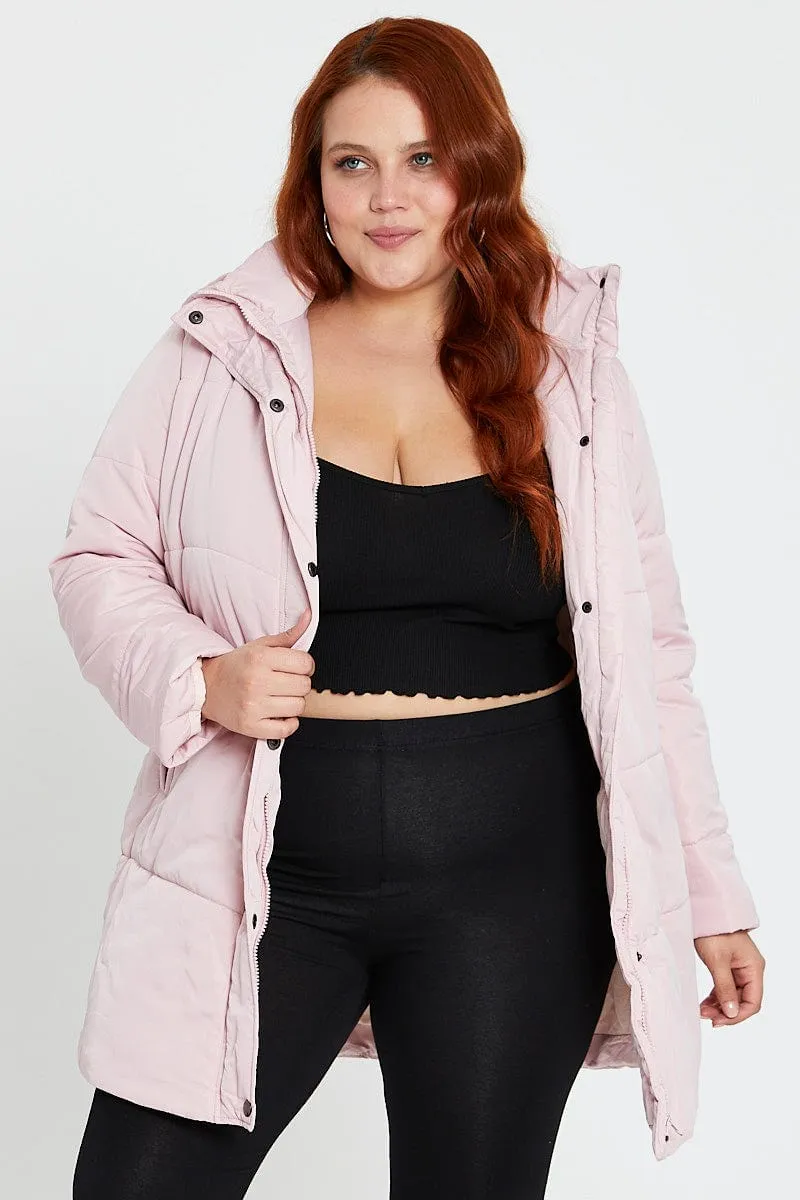 Pink Puffer Jacket Long Sleeve Zip Front Longline
