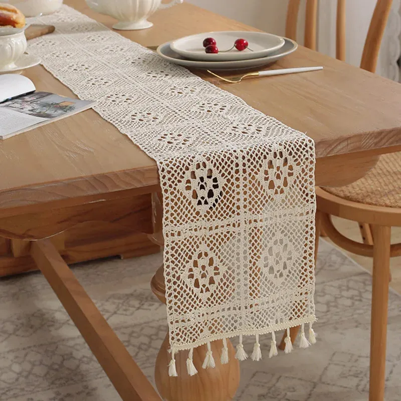 Vintage Beige Crochet Lace Table Runner