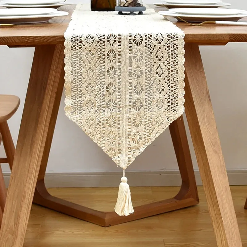 Vintage Beige Crochet Lace Table Runner