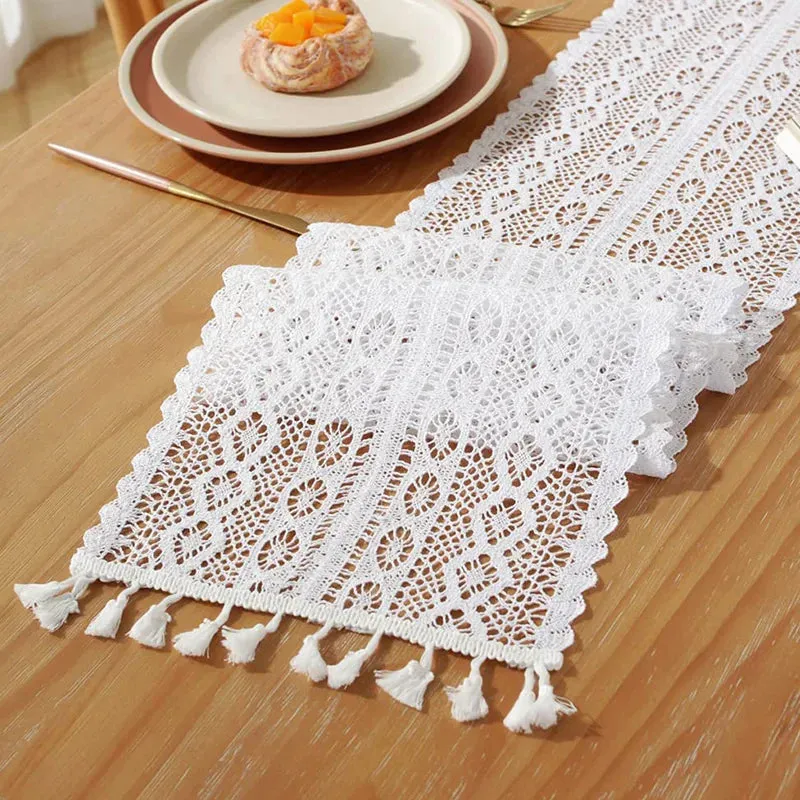 Vintage Beige Crochet Lace Table Runner